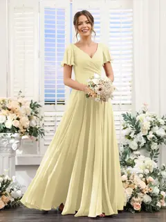 A-Line/Princess V-Neck Short Sleeves Bridesmaid Dresses with Split Side & Ruched — view 69