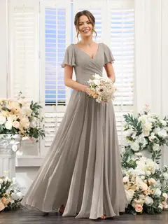 A-Line/Princess V-Neck Short Sleeves Bridesmaid Dresses with Split Side & Ruched — view 74