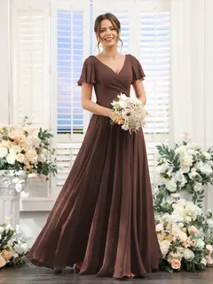 A-Line/Princess V-Neck Short Sleeves Bridesmaid Dresses with Split Side & Ruched — view 77
