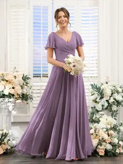 A-Line/Princess V-Neck Short Sleeves Bridesmaid Dresses with Split Side & Ruched — view 81