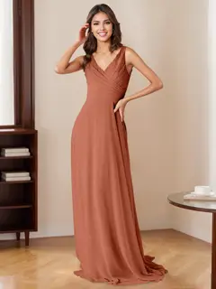 A-Line/Princess V-Neck Sleeveless Floor-Length Bridesmaid Dresses with Ruffles — LV15096373 — view 1