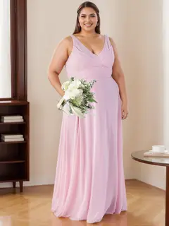 A-Line/Princess V-Neck Sleeveless Floor-Length Bridesmaid Dresses with Ruffles — LV15096373 — view 3