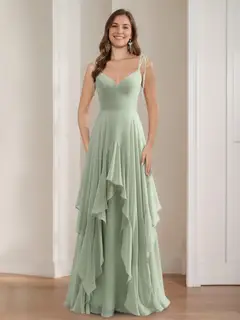 A-Line/Princess Spaghetti Straps Sleeveless Floor-Length Bridesmaid Dresses with Ruffles & Self-tie — view 1