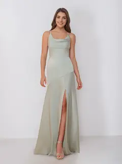 Sheath/Column Spaghetti Straps Cowl Neck Sleeveless Floor-Length Silk Satin Bridesmaid Dresses with Split Side — view 2