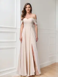 A-Line/Princess Off-the-Shoulder Sleeveless Floor-Length Bridemaid Dresses with Split Side & Ruched — view 1