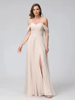 A-Line/Princess Off-the-Shoulder Sleeveless Floor-Length Bridemaid Dresses with Split Side & Ruched — view 5