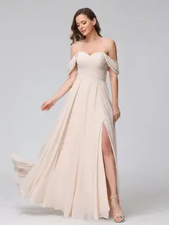 A-Line/Princess Off-the-Shoulder Sleeveless Floor-Length Bridemaid Dresses with Split Side & Ruched — view 6