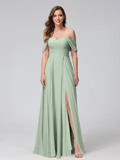 A-Line/Princess Off-the-Shoulder Sleeveless Floor-Length Bridemaid Dresses with Split Side & Ruched — view 11