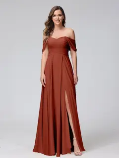 A-Line/Princess Off-the-Shoulder Sleeveless Floor-Length Bridemaid Dresses with Split Side & Ruched — view 14