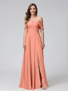 A-Line/Princess Off-the-Shoulder Sleeveless Floor-Length Bridemaid Dresses with Split Side & Ruched — view 16