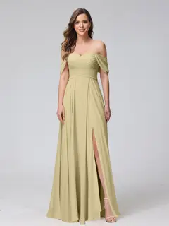 A-Line/Princess Off-the-Shoulder Sleeveless Floor-Length Bridemaid Dresses with Split Side & Ruched — view 25