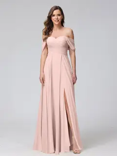 A-Line/Princess Off-the-Shoulder Sleeveless Floor-Length Bridemaid Dresses with Split Side & Ruched — view 27