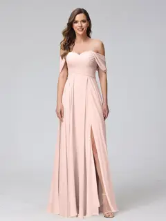 A-Line/Princess Off-the-Shoulder Sleeveless Floor-Length Bridemaid Dresses with Split Side & Ruched — view 28