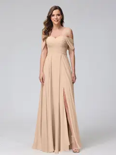 A-Line/Princess Off-the-Shoulder Sleeveless Floor-Length Bridemaid Dresses with Split Side & Ruched — view 30