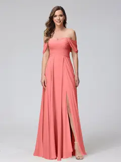 A-Line/Princess Off-the-Shoulder Sleeveless Floor-Length Bridemaid Dresses with Split Side & Ruched — view 33