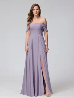 A-Line/Princess Off-the-Shoulder Sleeveless Floor-Length Bridemaid Dresses with Split Side & Ruched — view 40