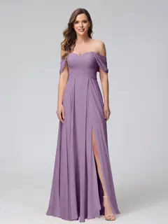 A-Line/Princess Off-the-Shoulder Sleeveless Floor-Length Bridemaid Dresses with Split Side & Ruched — view 41