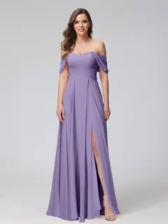 A-Line/Princess Off-the-Shoulder Sleeveless Floor-Length Bridemaid Dresses with Split Side & Ruched — view 42