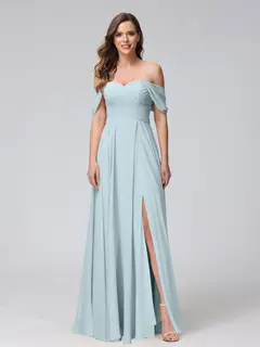 A-Line/Princess Off-the-Shoulder Sleeveless Floor-Length Bridemaid Dresses with Split Side & Ruched — view 48