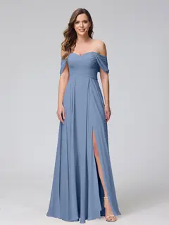 A-Line/Princess Off-the-Shoulder Sleeveless Floor-Length Bridemaid Dresses with Split Side & Ruched — view 52