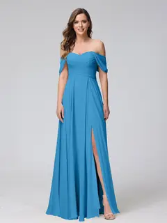 A-Line/Princess Off-the-Shoulder Sleeveless Floor-Length Bridemaid Dresses with Split Side & Ruched — view 54