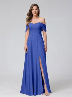 A-Line/Princess Off-the-Shoulder Sleeveless Floor-Length Bridemaid Dresses with Split Side & Ruched — view 55