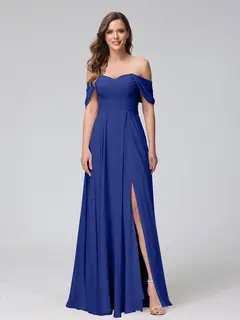 A-Line/Princess Off-the-Shoulder Sleeveless Floor-Length Bridemaid Dresses with Split Side & Ruched — view 57