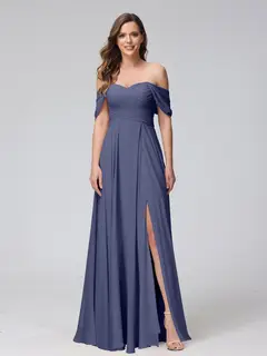 A-Line/Princess Off-the-Shoulder Sleeveless Floor-Length Bridemaid Dresses with Split Side & Ruched — view 58