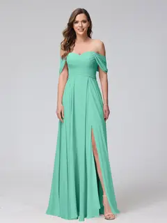 A-Line/Princess Off-the-Shoulder Sleeveless Floor-Length Bridemaid Dresses with Split Side & Ruched — view 63