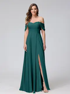 A-Line/Princess Off-the-Shoulder Sleeveless Floor-Length Bridemaid Dresses with Split Side & Ruched — view 67