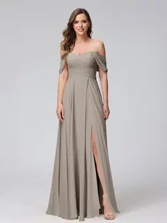 A-Line/Princess Off-the-Shoulder Sleeveless Floor-Length Bridemaid Dresses with Split Side & Ruched — view 74