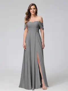 A-Line/Princess Off-the-Shoulder Sleeveless Floor-Length Bridemaid Dresses with Split Side & Ruched — view 76