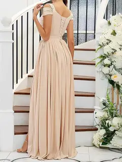 A-Line/Princess Off-the-Shoulder Floor-Length Bridesmaid Dresses with Slit — view 2