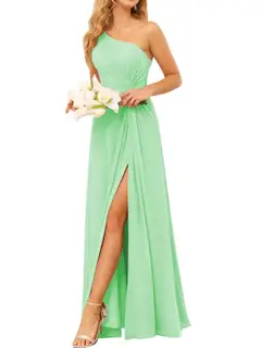 A-Line/Princess One-Shoulder Sleeveless Floor-Length Bridesmaid Dress with Pockets — view 3