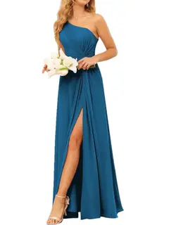 A-Line/Princess One-Shoulder Sleeveless Floor-Length Bridesmaid Dress with Pockets — view 31