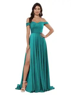 A-Line/Princess Satin Off-the-shoulder Sleeveless Floor-Length Bridesmaid Dresses — view 3