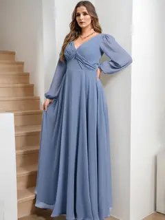 A-Line/Princess V-Neck Long Sleeves Floor-Length Chiffon Plus Size Bridesmaid Dresses with Ruffles — view 1