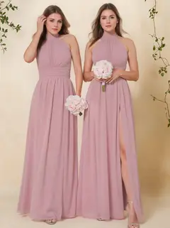 A-Line/Princess High Neck Sleeveless Ruched Floor-Length Pleated Bridesmaid Dresses with Bow & Slit — view 1