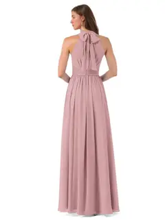 A-Line/Princess High Neck Sleeveless Ruched Floor-Length Pleated Bridesmaid Dresses with Bow & Slit — view 2