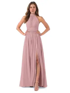 A-Line/Princess High Neck Sleeveless Ruched Floor-Length Pleated Bridesmaid Dresses with Bow & Slit — view 3