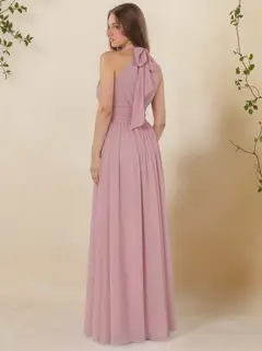 A-Line/Princess High Neck Sleeveless Ruched Floor-Length Pleated Bridesmaid Dresses with Bow & Slit — view 4