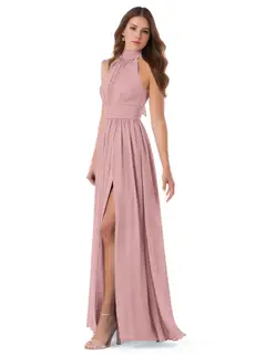 A-Line/Princess High Neck Sleeveless Ruched Floor-Length Pleated Bridesmaid Dresses with Bow & Slit — view 5