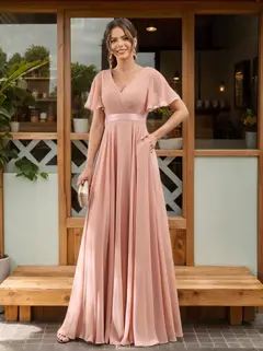 A-Line/Princess V-Neck Short Sleeves Chiffon Bridesmaid Dresses with Pockets — view 1