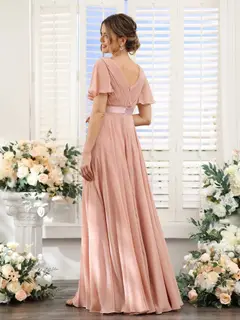 A-Line/Princess V-Neck Short Sleeves Chiffon Bridesmaid Dresses with Pockets — view 2