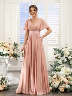 A-Line/Princess V-Neck Short Sleeves Chiffon Bridesmaid Dresses with Pockets — view 3
