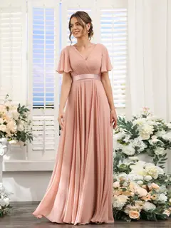 A-Line/Princess V-Neck Short Sleeves Chiffon Bridesmaid Dresses with Pockets — view 4