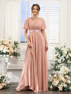 A-Line/Princess V-Neck Short Sleeves Chiffon Bridesmaid Dresses with Pockets — view 5