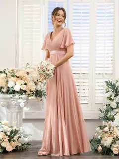 A-Line/Princess V-Neck Short Sleeves Chiffon Bridesmaid Dresses with Pockets — view 6