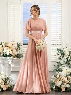 A-Line/Princess V-Neck Short Sleeves Chiffon Bridesmaid Dresses with Pockets — view 7