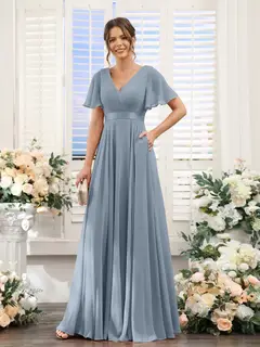 A-Line/Princess V-Neck Short Sleeves Chiffon Bridesmaid Dresses with Pockets — view 9
